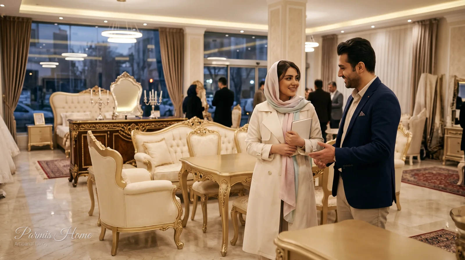 زوج جوان ایرانی در حال بررسی و انتخاب ست مبلمان جهیزیه در شوروم تخصصی پارمیس